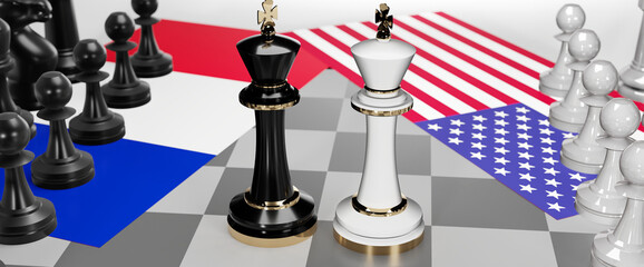 France and USA - talks, debate, dialog or a confrontation between those two countries shown as two chess kings with flags that symbolize art of meetings and negotiations, 3d illustration