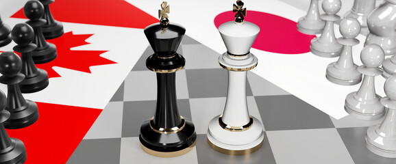 Canada and Japan - talks, debate, dialog or a confrontation between those two countries shown as two chess kings with flags that symbolize art of meetings and negotiations, 3d illustration
