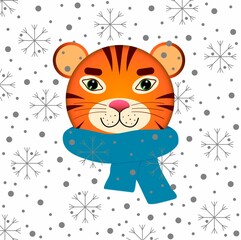 Tiger. Tiger with a blue scarf on a background of snowflakes.