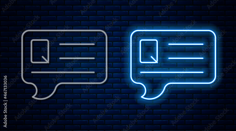 Poster glowing neon line speech bubbles with question icon isolated on brick wall background. faq sign. cha
