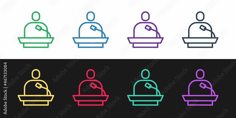 Poster set line gives lecture icon isolated on black and white background. stand near podium. speak into mi
