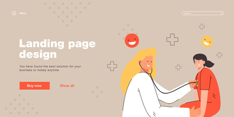 Female pediatrician examining sick girl with stethoscope. Pediatric assessment, physical examination flat vector illustration. Pediatrics concept for banner, website design or landing web page