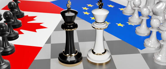 Canada and EU Europe - talks, debate, dialog or a confrontation between those two countries shown as two chess kings with flags that symbolize art of meetings and negotiations, 3d illustration