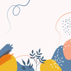 Trendy abstract minimalist organic background with flowing liquid shapes, floral, brush, leaves, hand drawn textures and blob. Tan, nude, champagne, beige, pastel, pink, brown, earth tone color style.