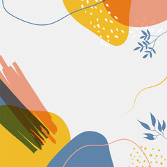 Trendy abstract minimalist organic background with flowing liquid shapes, floral, brush, leaves, hand drawn textures and blob. Tan, nude, champagne, beige, pastel, pink, brown, earth tone color style.