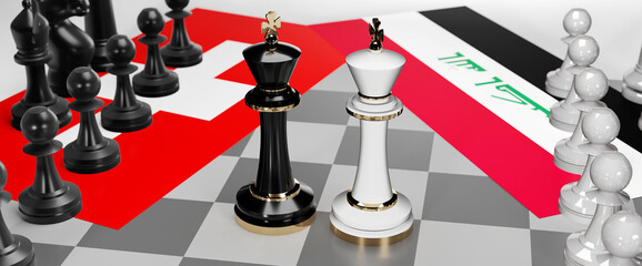 Switzerland and Iraq - talks, debate, dialog or a confrontation between those two countries shown as two chess kings with flags that symbolize art of meetings and negotiations, 3d illustration