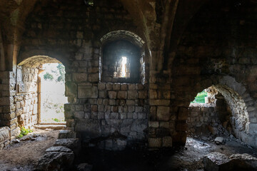 The inner  hall of the ruins of crusader Fortress Chateau Neuf - Metsudat Hunin is located at the entrance to the Israeli Margaliot village in the Upper Galilee in northern Israel