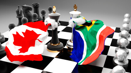 Canada South Africa crisis, clash, conflict and debate between those two countries that aims at a trade deal or dominance symbolized by a chess game with national flags, 3d illustration