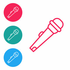 Red line Microphone icon isolated on white background. On air radio mic microphone. Speaker sign. Set icons in circle buttons. Vector