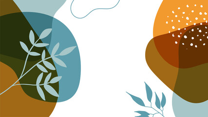 Trendy abstract minimalist organic background with flowing liquid shapes, floral, brush, leaves, hand drawn textures and blob. Tan, nude, champagne, beige, pastel, pink, brown, earth tone color style.