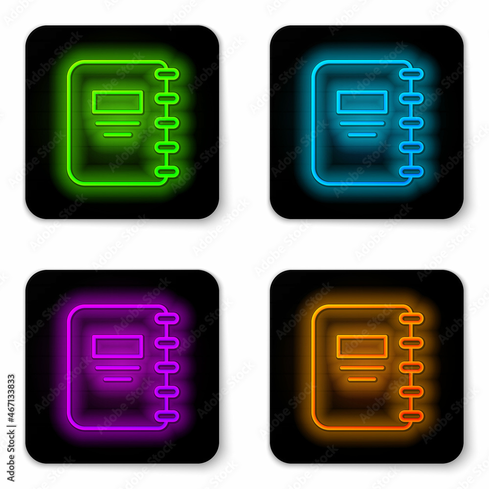 Poster glowing neon line notebook icon isolated on white background. spiral notepad icon. school notebook. 