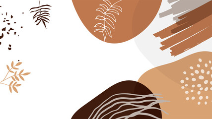 Trendy abstract minimalist organic background with flowing liquid shapes, floral, brush, leaves, hand drawn textures and blob. Tan, nude, champagne, beige, pastel, pink, brown, earth tone color style.