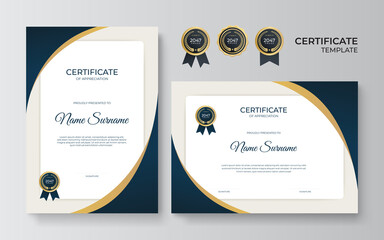 Modern elegant luxury gold and blue diploma certificate template. Certificate of achievement template with gold badge, border, and luxury pattern for business and corporate. Premium design vector.