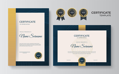Modern elegant luxury gold and blue diploma certificate template. Certificate of achievement template with gold badge, border, and luxury pattern for business and corporate. Premium design vector.