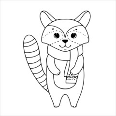 Cute raccoon in a scarf in doodle or boho style. Simple decor for a festive Christmas and New Years. Vector illustration isolated on white background.