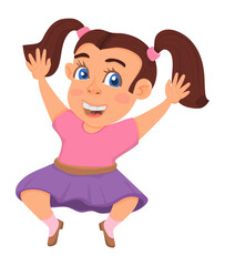 Happy girl. Joyful kid jumping. Cute cartoon character
