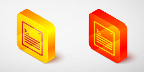 Isometric line Software, web developer programming code icon isolated on grey background. Javascript computer script random parts of program code. Yellow and orange square button. Vector