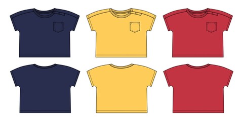 Navy, Yellow, Red Color Short sleeve With Pocket T-shirt Technical sketch fashion Flat template for  Kids. Vector art illustration Clothing mock up front, back view. Apparel Clothing  Dress Design. 