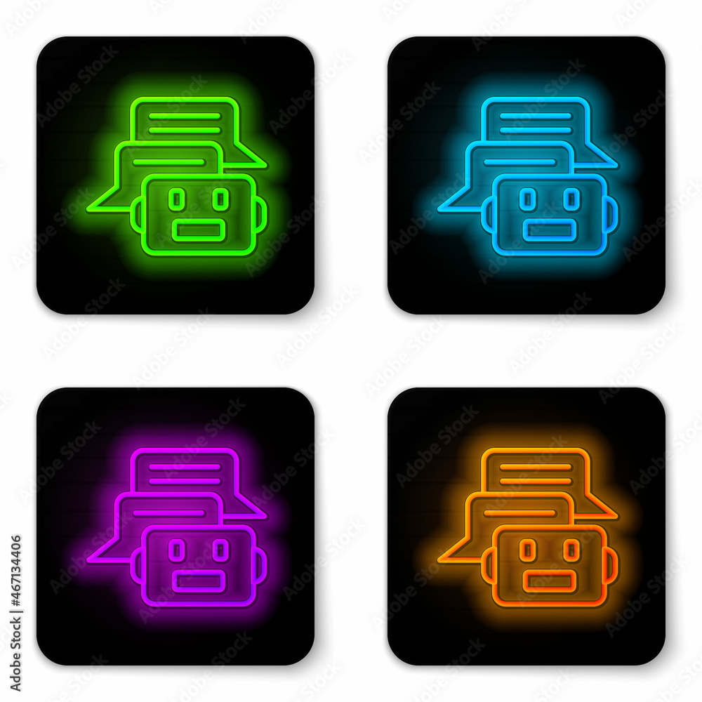 Poster glowing neon line chat bot icon isolated on white background. chatbot icon. black square button. vec