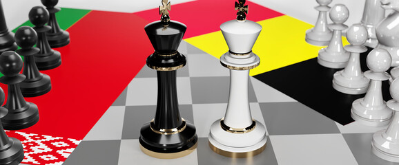 Belarus and Belgium - talks, debate, dialog or a confrontation between those two countries shown as two chess kings with flags that symbolize art of meetings and negotiations, 3d illustration