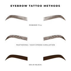 Eyebrow tattooing methods: hair stroke, powder, solid fill.