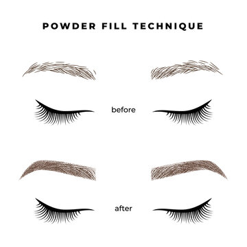 The technique of cosmetic tattoo eyebrows: powder/ombre fill. Brows before and after permanent makeup.