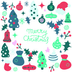 Big set of hand drawn colorful christmas icons. Christmas and New Year greeting card templates. Happy holidays. Christmas card, poster, banner, frame. Doodle vector illustration