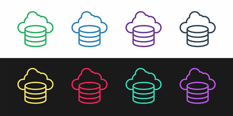 Set line Cloud database icon isolated on black and white background. Cloud computing concept. Digital service or app with data transferring. Vector