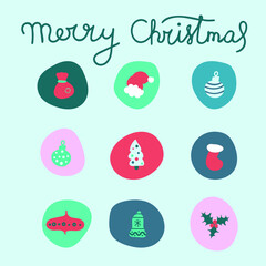 Big set of Christmas and New Year hand drawn logos. Templates for greeting labels, stickers, postcards, tags, posters, prints. Vector doodle colorful illustrations. Seasonal design