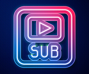Glowing neon line Video with subtitles icon isolated on blue background. Vector