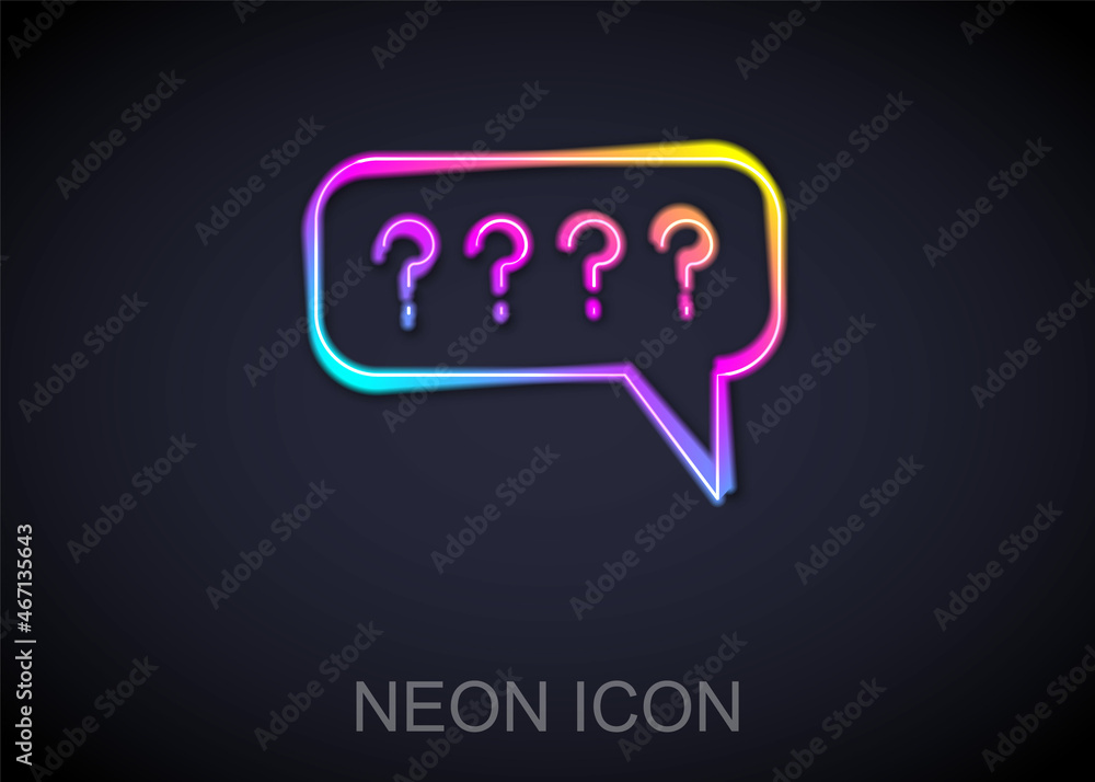 Poster glowing neon line speech bubbles with question icon isolated on black background. faq sign. chat spe
