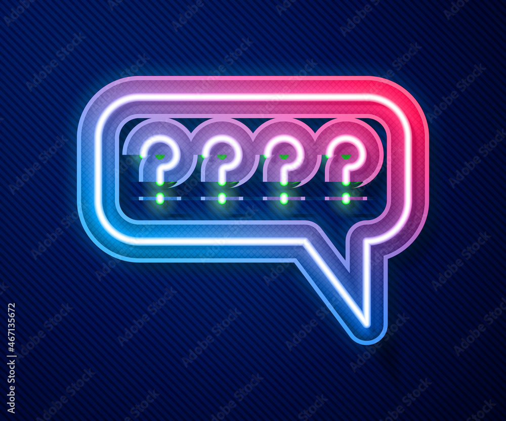 Poster glowing neon line speech bubbles with question icon isolated on blue background. faq sign. chat spee