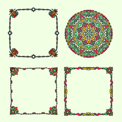 Set of ethnic ornament frame border hand drawn colorful style