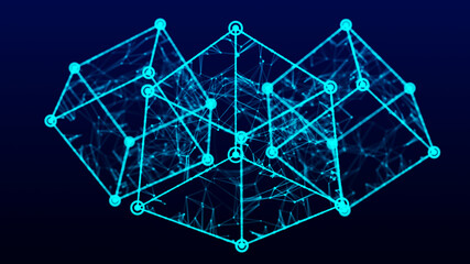 Technology block chain network connection. Big data visualization. Cyber security background. Cube, consisting of block. 3D rendering.