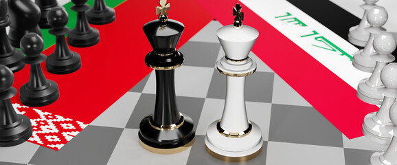 Belarus and Iraq - talks, debate, dialog or a confrontation between those two countries shown as two chess kings with flags that symbolize art of meetings and negotiations, 3d illustration