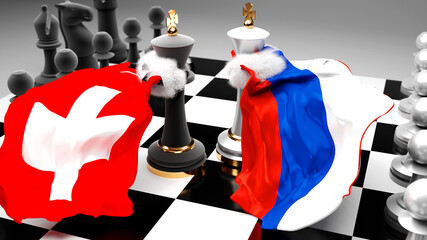 Switzerland Russia crisis, clash, conflict and debate between those two countries that aims at a trade deal or dominance symbolized by a chess game with national flags, 3d illustration