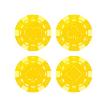 Gold Poker Chips Vip Set With Card Suits Hearts, Spades, Diamonds, Clubs. Golden Blackjack Casino Chip Icons Isolated On White Background. Vector Flat Design Cartoon Style Illustration.