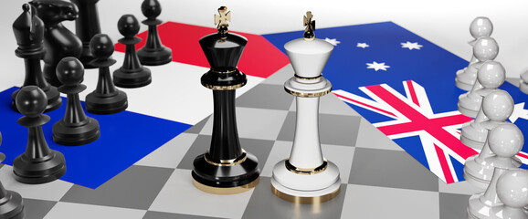 France and Australia - talks, debate, dialog or a confrontation between those two countries shown as two chess kings with flags that symbolize art of meetings and negotiations, 3d illustration