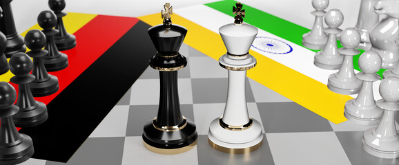 Germany and India - talks, debate, dialog or a confrontation between those two countries shown as two chess kings with flags that symbolize art of meetings and negotiations, 3d illustration