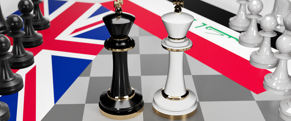 UK England and Iraq - talks, debate, dialog or a confrontation between those two countries shown as two chess kings with flags that symbolize art of meetings and negotiations, 3d illustration