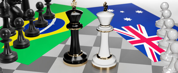 Brazil and Australia - talks, debate, dialog or a confrontation between those two countries shown as two chess kings with flags that symbolize art of meetings and negotiations, 3d illustration