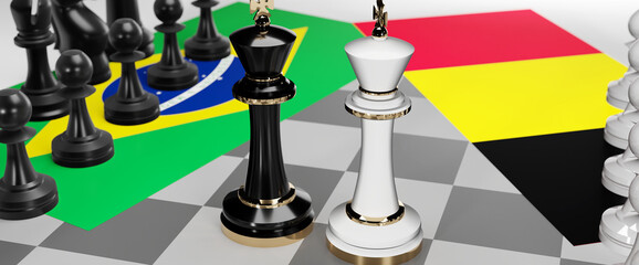 Brazil and Belgium - talks, debate, dialog or a confrontation between those two countries shown as two chess kings with flags that symbolize art of meetings and negotiations, 3d illustration