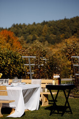 Beautiful flower decoration of the wedding venue and ceremony, details. Landscapes of mountains in the background.