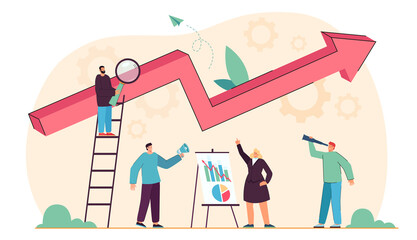 Tiny business people with growing graph of progress report. Company teamwork on performance boost, market promotion plan flat vector illustration. Success, leadership in office, achievement concept
