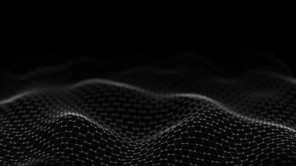 Futuristic hexagon wave. Dark cyberspace. Abstract wave with dots and line. White moving particles on background. 3d rendering.
