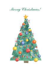 Watercolor illustration for the design of New Year cards, invitations, banners, flyers, print, website. Decorated Christmas tree.