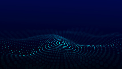 Futuristic wave. Dark cyberspace. Abstract sound wave with dots. White moving particles on a blue background. 3d rendering.