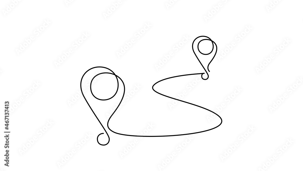 Leinwandbilder Continuous one line drawing of path and Location pointers. Simple pins on way between two points in thin Linear style. Gps navigation and Travel concept. Doodle vector illustration