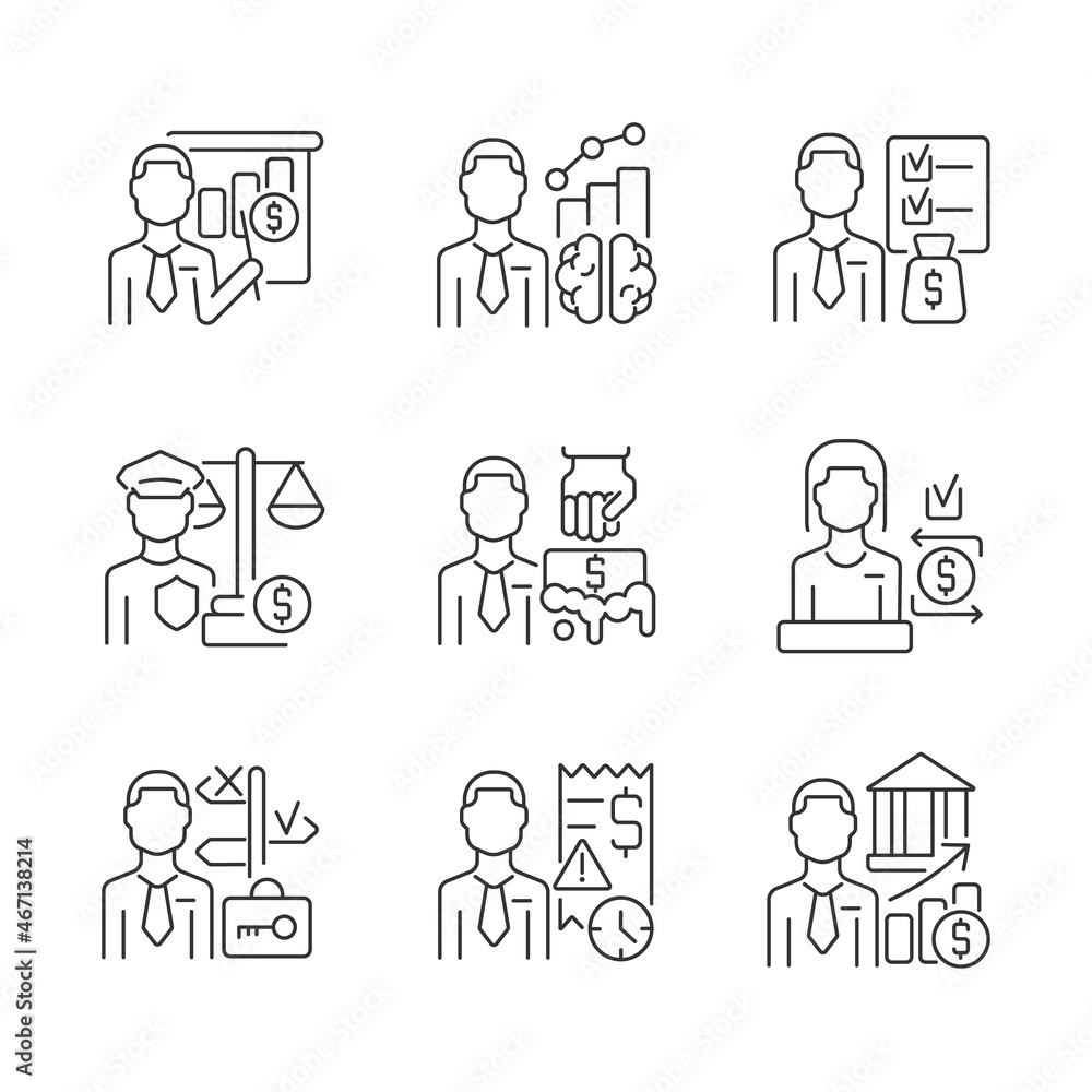 Poster career in finance field linear icons set. management and business administration. financial occupati