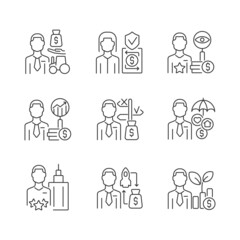 Finance jobs linear icons set. Investment specialists. Financial safety experts. High level executives. Customizable thin line contour symbols. Isolated vector outline illustrations. Editable stroke